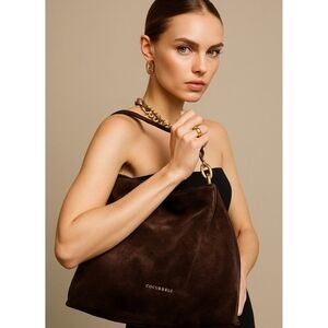 COCCINELLE Brown Suede Shoulder Bag Gold Hardware Slouchy Hobo Purse Italy